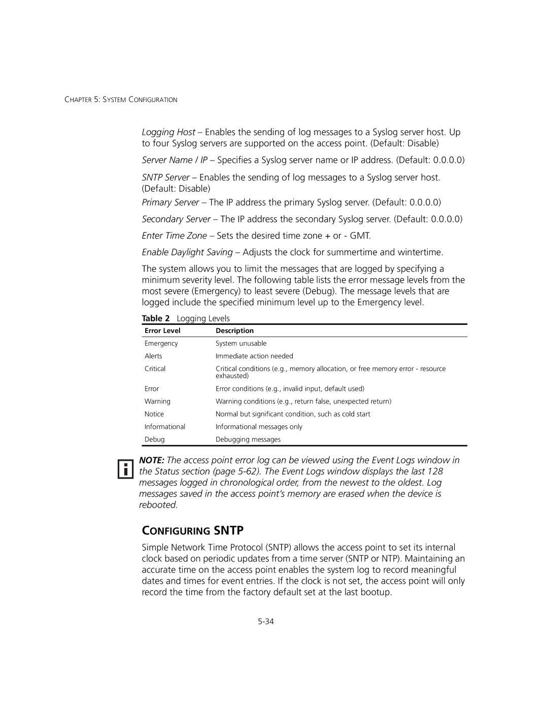 3Com 3CRWEASYA73, WL-575 manual Configuring Sntp, Error Level Description 