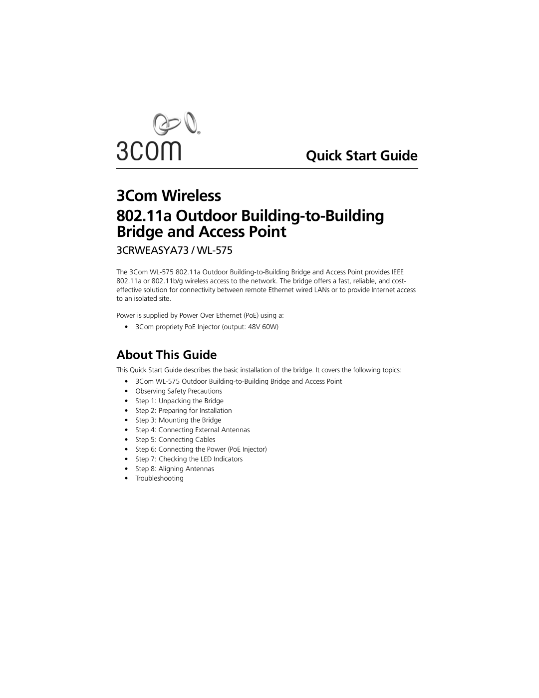 3Com quick start About This Guide, 3CRWEASYA73 / WL-575 