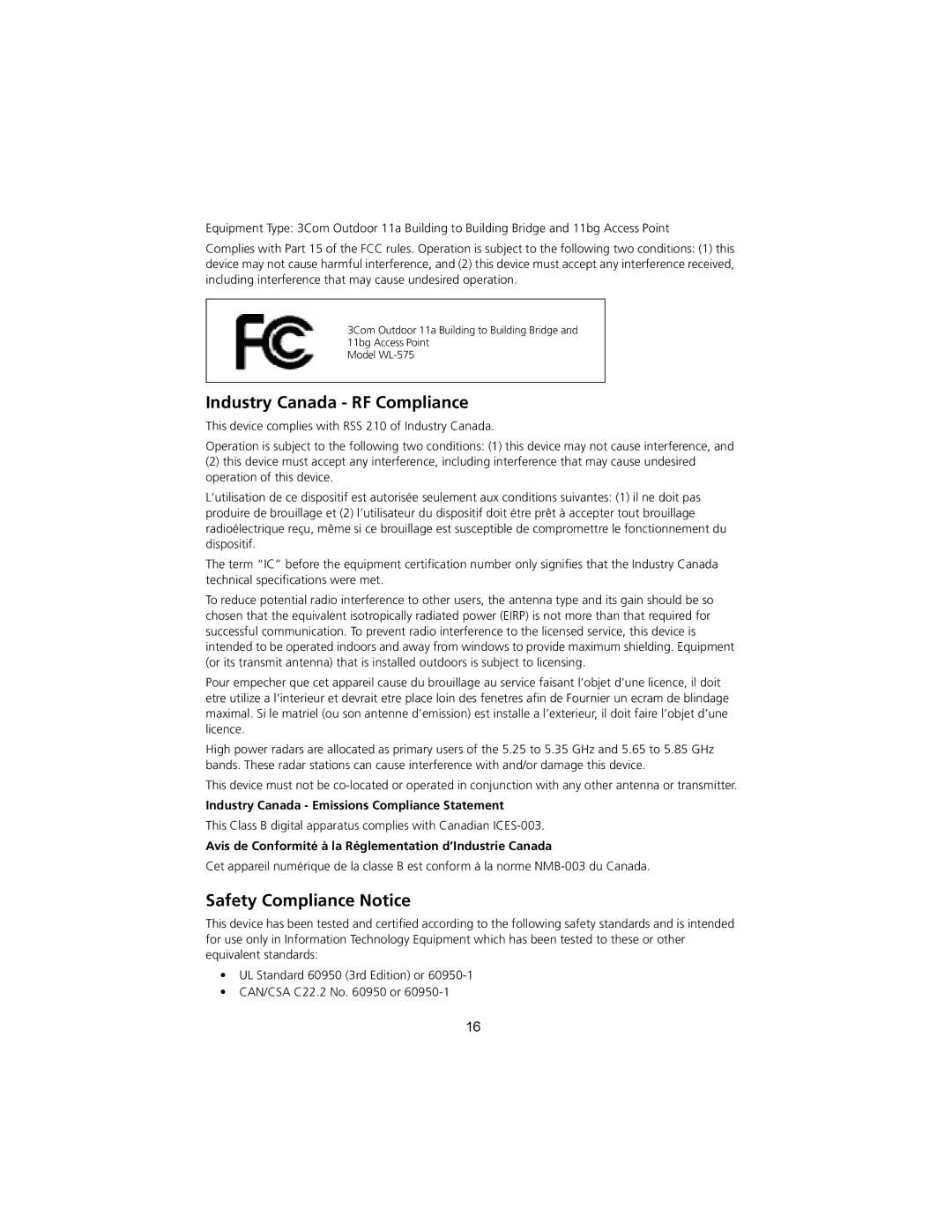 3Com 3CRWEASYA73 quick start Industry Canada RF Compliance, Safety Compliance Notice 