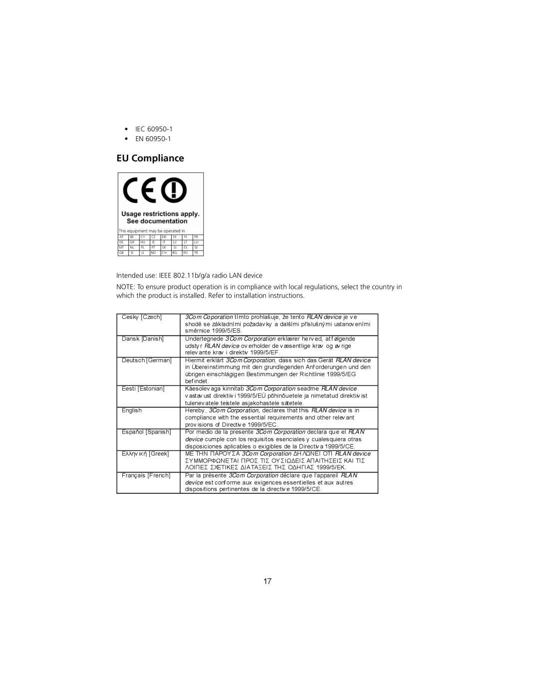 3Com 3CRWEASYA73 quick start EU Compliance, Intended use Ieee 802.11b/g/a radio LAN device 