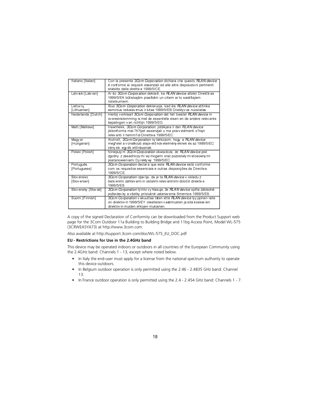 3Com 3CRWEASYA73 quick start EU Restrictions for Use in the 2.4GHz band 