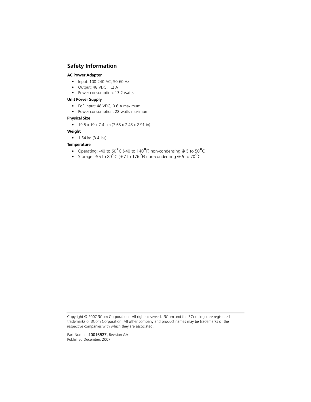 3Com 3CRWEASYA73 quick start Safety Information, Temperature 