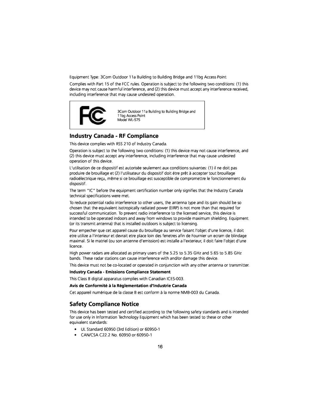 3Com 3CRWEASYA73 quick start Industry Canada - RF Compliance, Safety Compliance Notice 