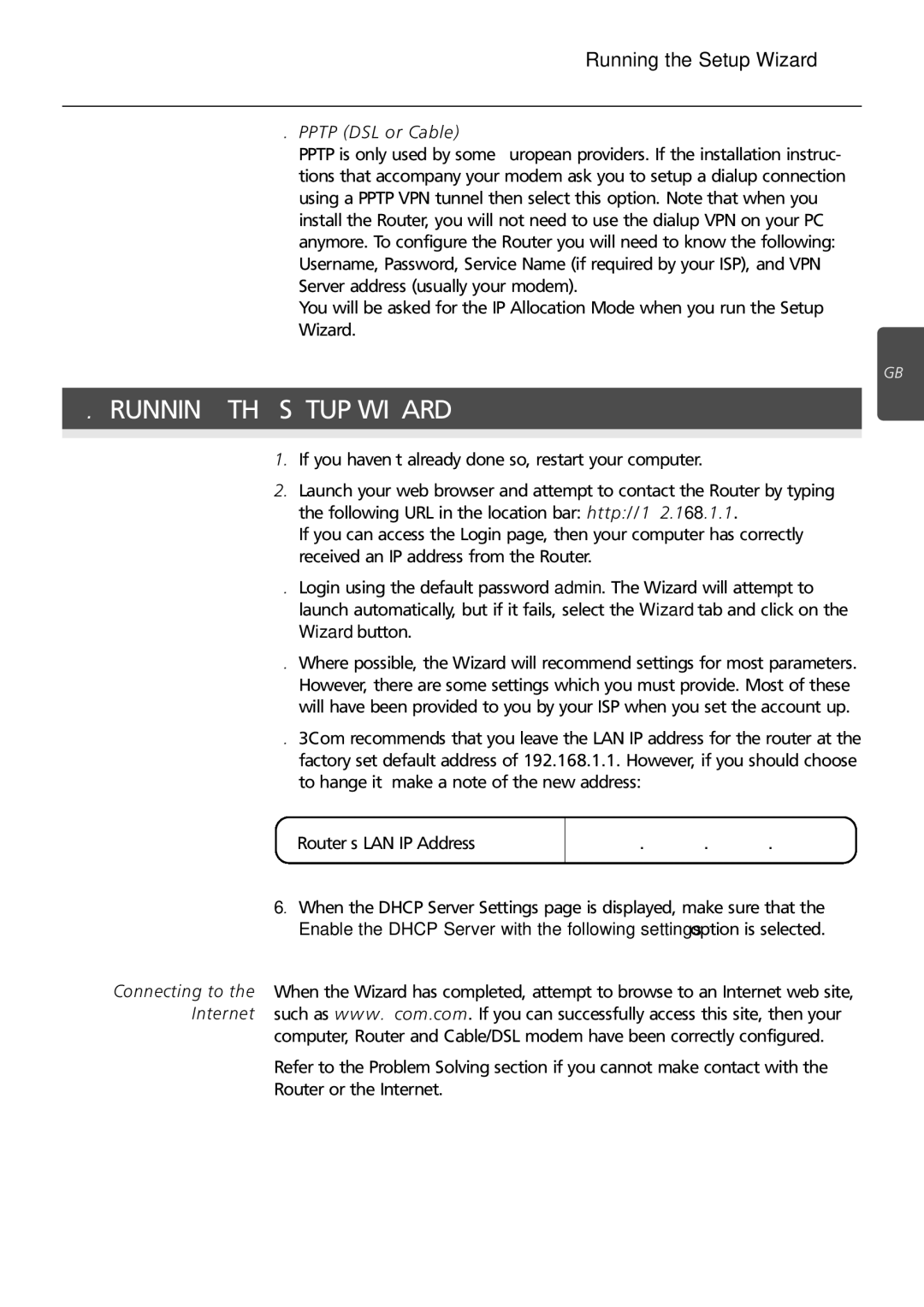 3Com 3CRWER100-75, 3CRWER200-75 manual Running the Setup Wizard, Pptp DSL or Cable 