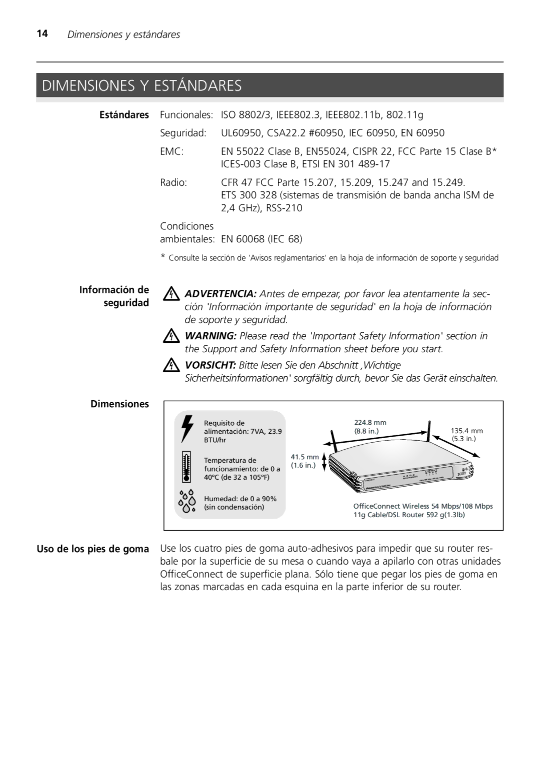 3Com 3CRWER200-75, 3CRWER100-75 manual Dimensiones Y Estándares, Dimensiones y estándares 