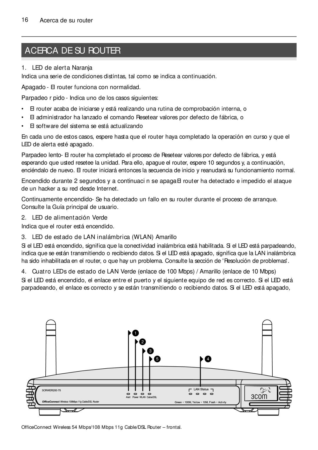 3Com 3CRWER200-75, 3CRWER100-75 manual Acerca DE SU Router, Acerca de su router, LED de alerta Naranja 