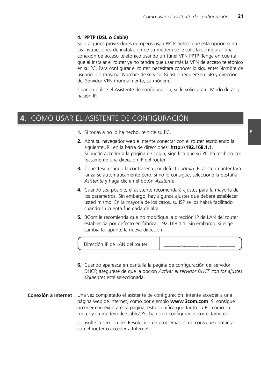 3Com 3CRWER100-75 manual Cómo Usar EL Asistente DE Configuración, Cómo usar el asistente de configuración, Pptp DSL o Cable 