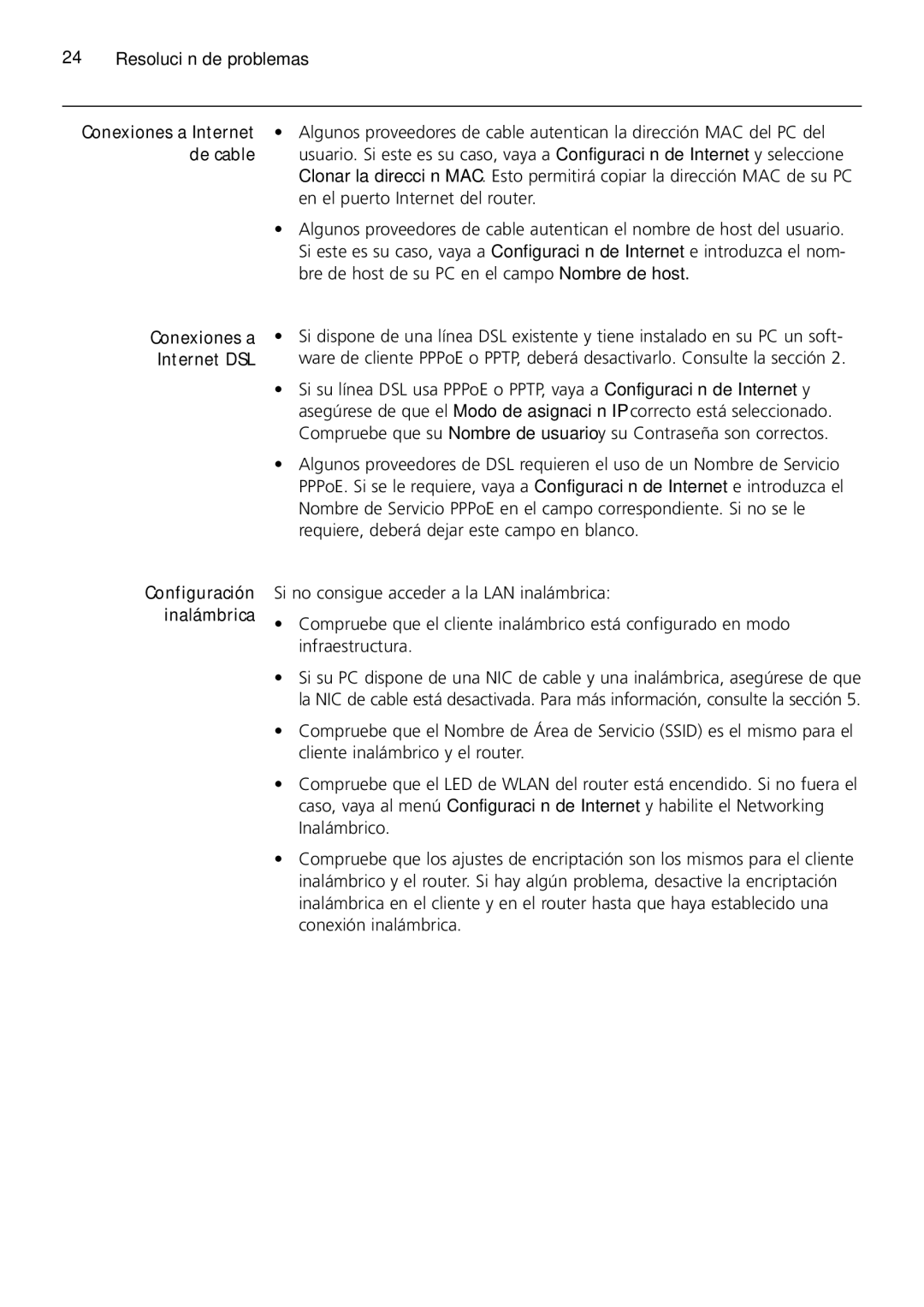 3Com 3CRWER200-75, 3CRWER100-75 manual Resolución de problemas, Conexiones a Internet DSL Configuración Inalámbrica 