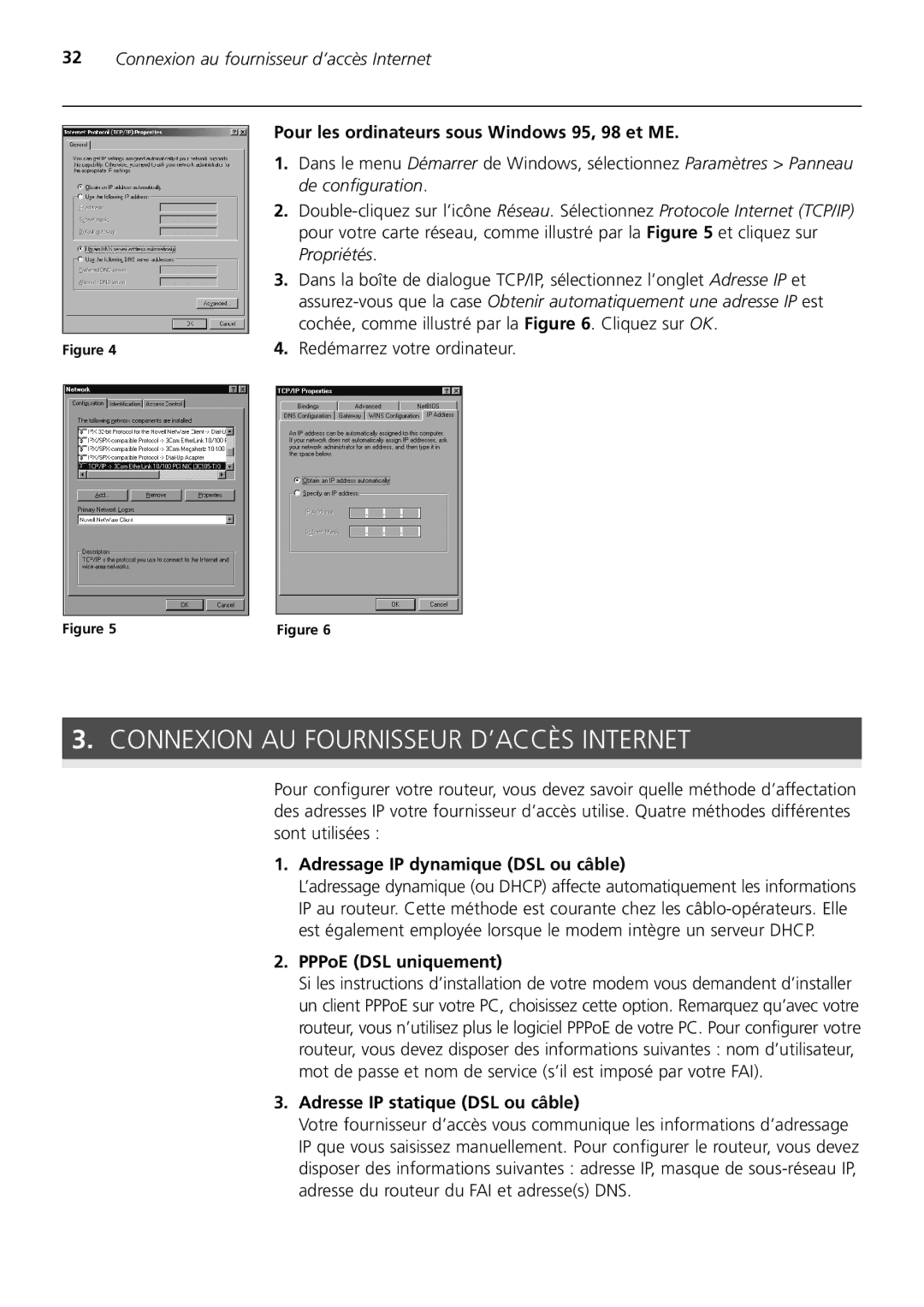 3Com 3CRWER200-75, 3CRWER100-75 Connexion AU Fournisseur D’ACCÈS Internet, Pour les ordinateurs sous Windows 95, 98 et ME 