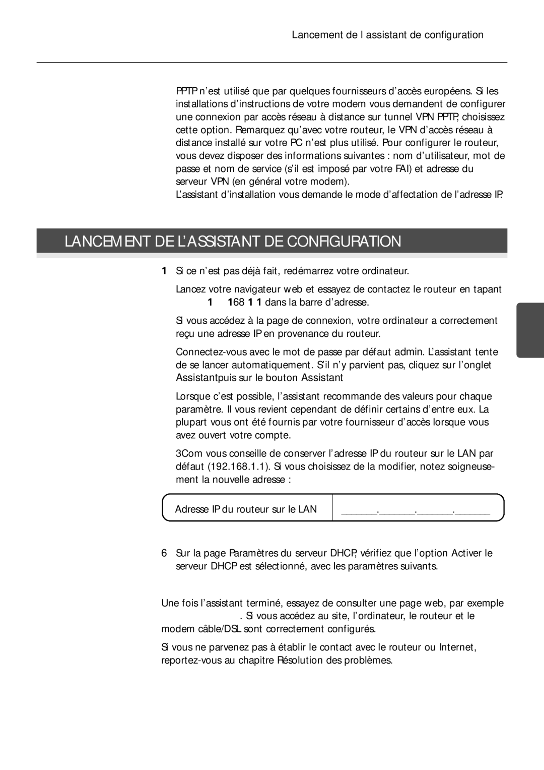 3Com 3CRWER100-75, 3CRWER200-75 manual Lancement DE L’ASSISTANT DE Configuration, Pptp DSL ou câble 