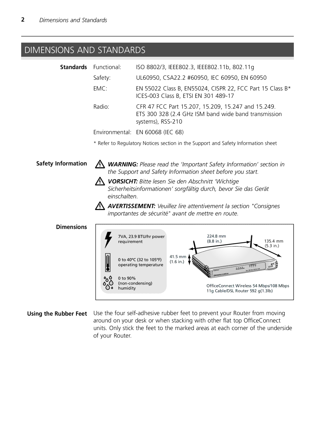 3Com 3CRWER200-75, 3CRWER100-75 manual Dimensions and Standards, Standards Safety Information, ICES-003 Class B, Etsi EN 301 