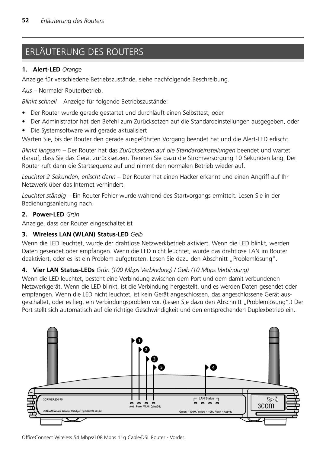 3Com 3CRWER200-75, 3CRWER100-75 manual Erläuterung DES Routers, 52 Erläuterung des Routers, Alert-LED Orange, Power-LED Grün 