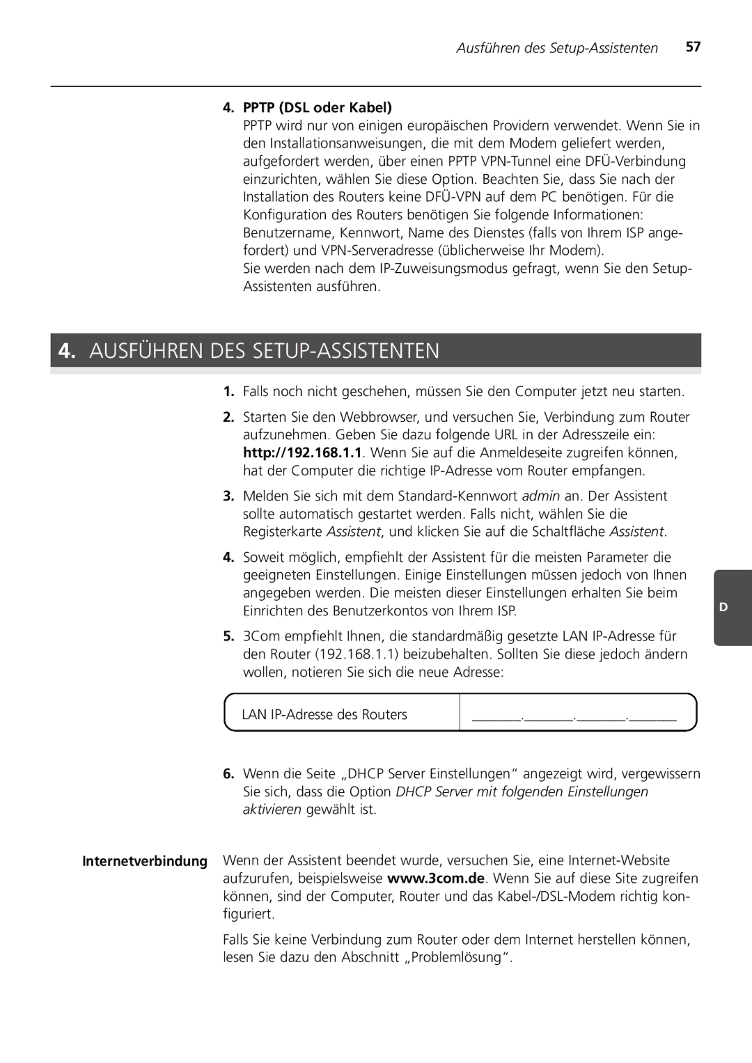 3Com 3CRWER100-75, 3CRWER200-75 manual Ausführen DES SETUP-ASSISTENTEN, Pptp DSL oder Kabel 