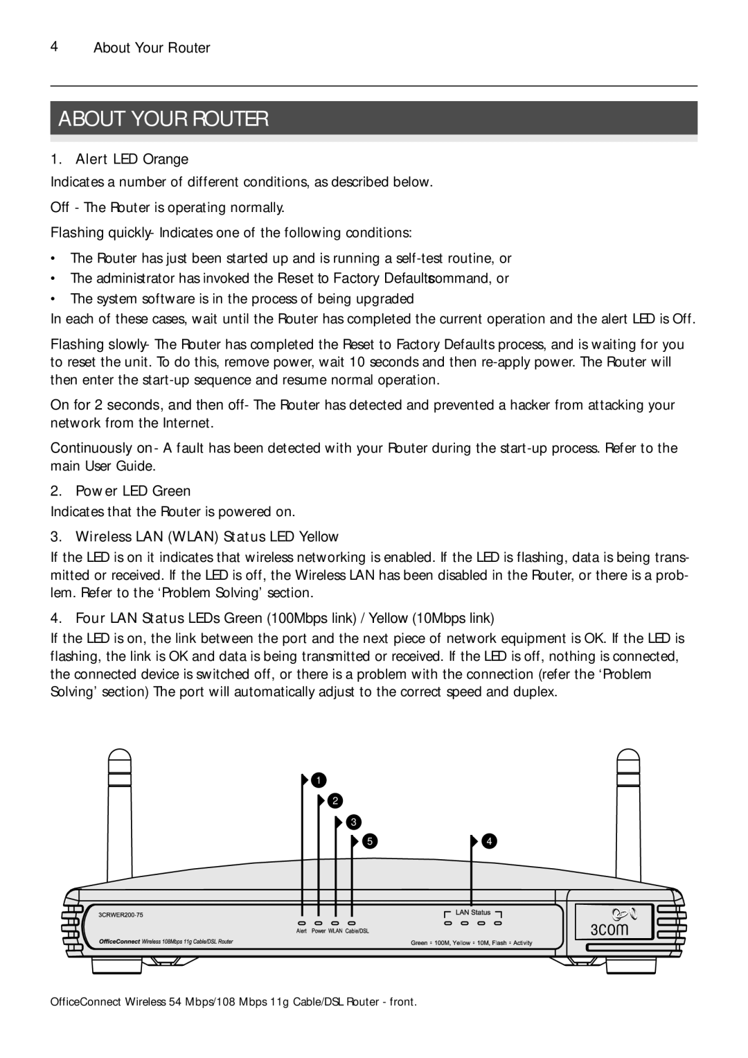 3Com 3CRWER200-75, 3CRWER100-75 About Your Router, Alert LED Orange, Power LED Green, Wireless LAN Wlan Status LED Yellow 