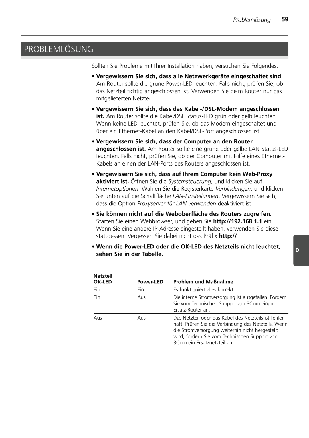 3Com 3CRWER100-75 manual Problemlösung, Vergewissern Sie sich, dass der Computer an den Router, Sehen Sie in der Tabelle 