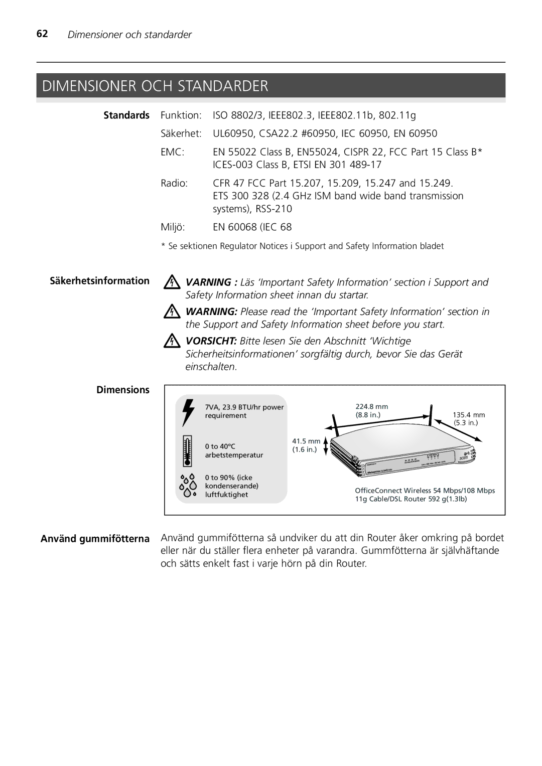 3Com 3CRWER200-75, 3CRWER100-75 manual Dimensioner OCH Standarder 