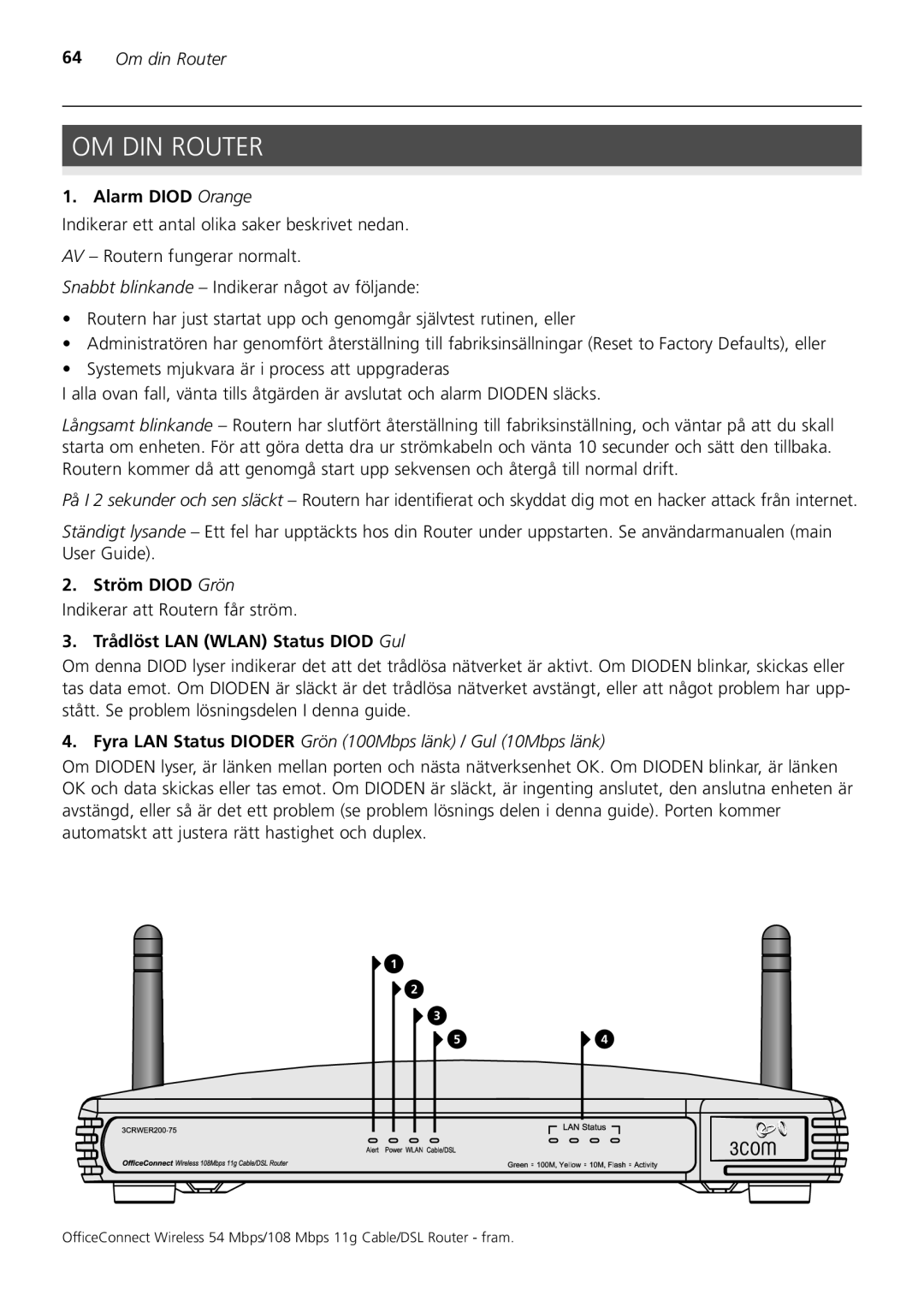 3Com 3CRWER200-75, 3CRWER100-75 manual OM DIN Router, Om din Router, Alarm Diod Orange 