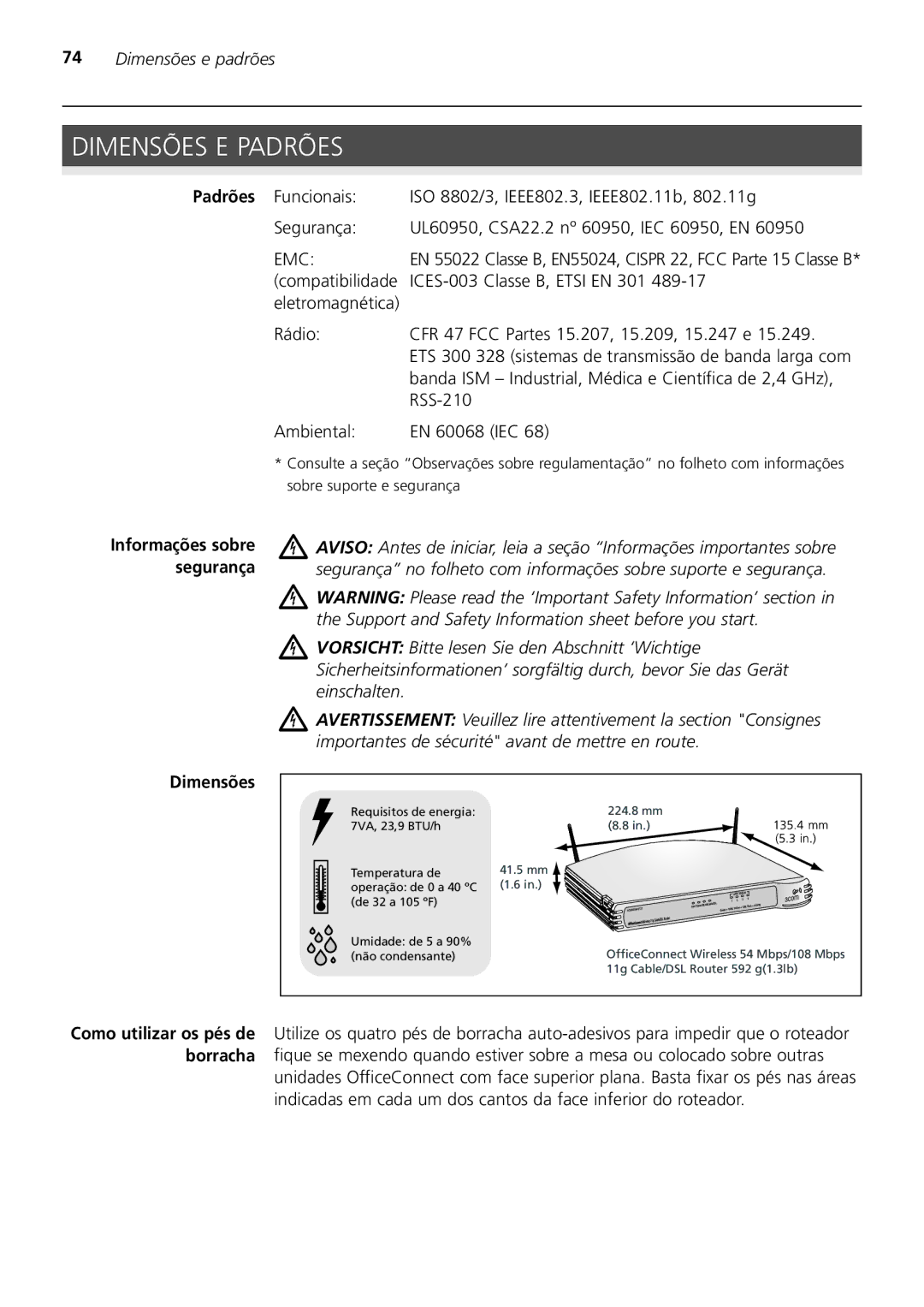 3Com 3CRWER200-75, 3CRWER100-75 manual Dimensões E Padrões, Dimensões e padrões 