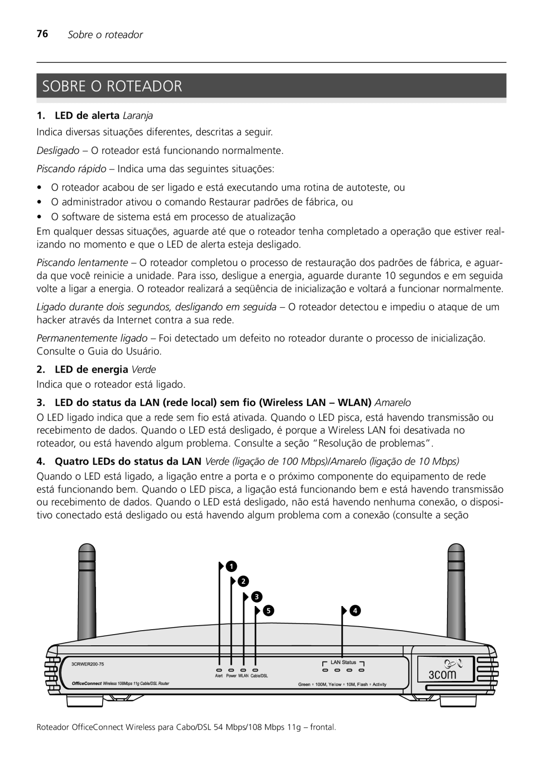 3Com 3CRWER200-75, 3CRWER100-75 manual Sobre O Roteador, Sobre o roteador, LED de alerta Laranja 