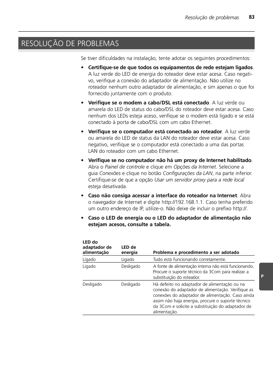 3Com 3CRWER100-75, 3CRWER200-75 manual Resolução DE Problemas, Ligado Tudo está funcionando corretamente Desligado 