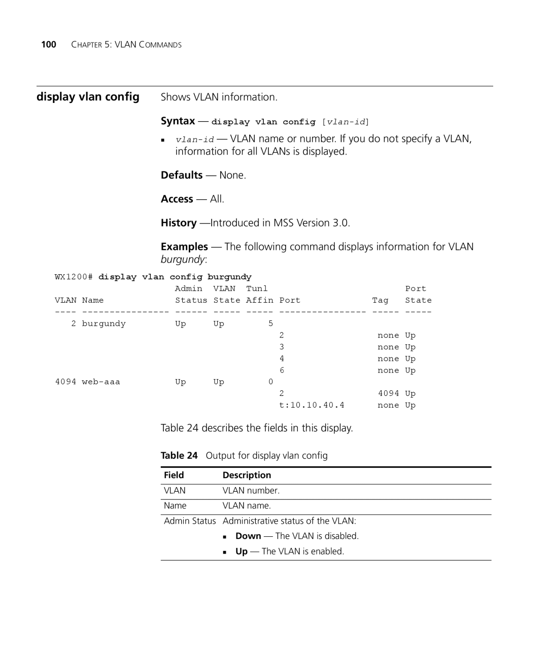 3Com 3CRWX440095A, 3CRWX120695A manual Display vlan config, Shows Vlan information, Output for display vlan config 