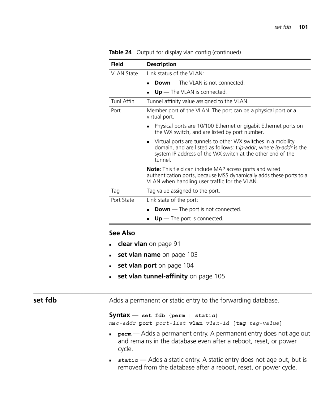 3Com 3CRWX120695A manual Set fdb, Adds a permanent or static entry to the forwarding database, Syntax set fdb perm static 