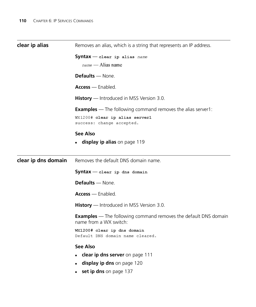 3Com 3CRWX440095A, 3CRWX120695A manual Access Enabled, History Introduced in MSS Version, See Also „ display ip alias on 