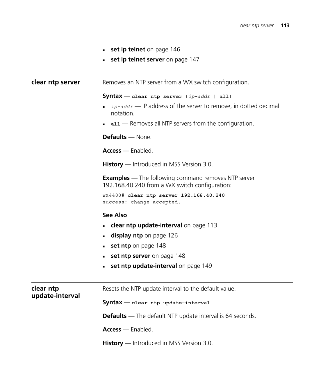 3Com 3CRWX120695A, 3CRWX440095A manual Clear ntp server, Update-interval 