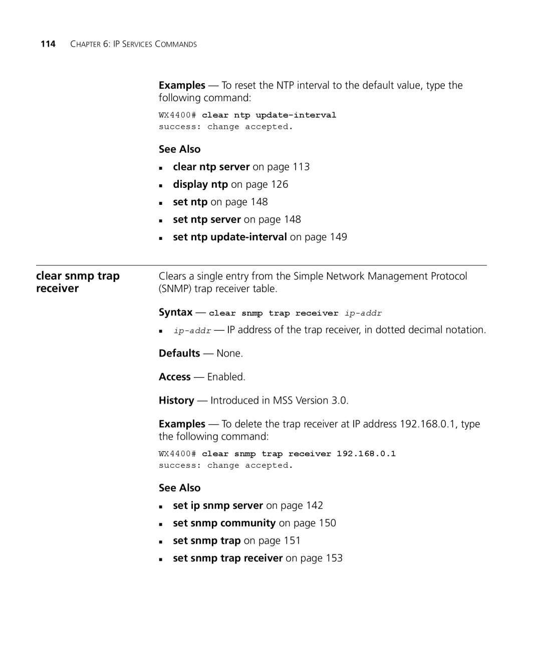 3Com 3CRWX440095A Clear snmp trap, Receiver, See Also „ clear ntp server on „ display ntp on, Snmp trap receiver table 