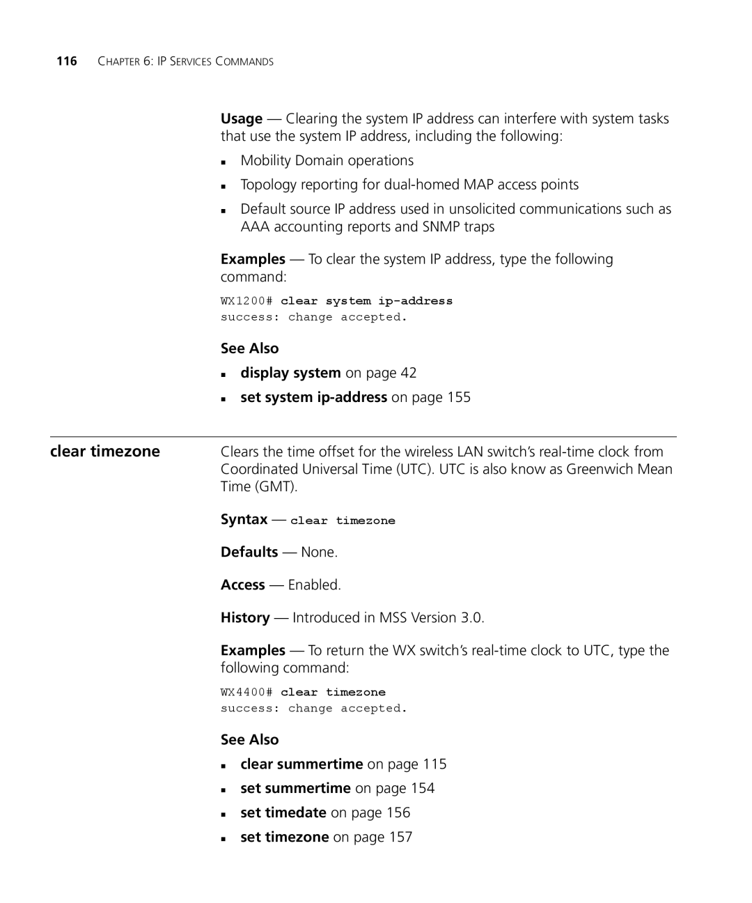 3Com 3CRWX440095A manual Clear timezone, Examples To clear the system IP address, type the following, Command, Time GMT 