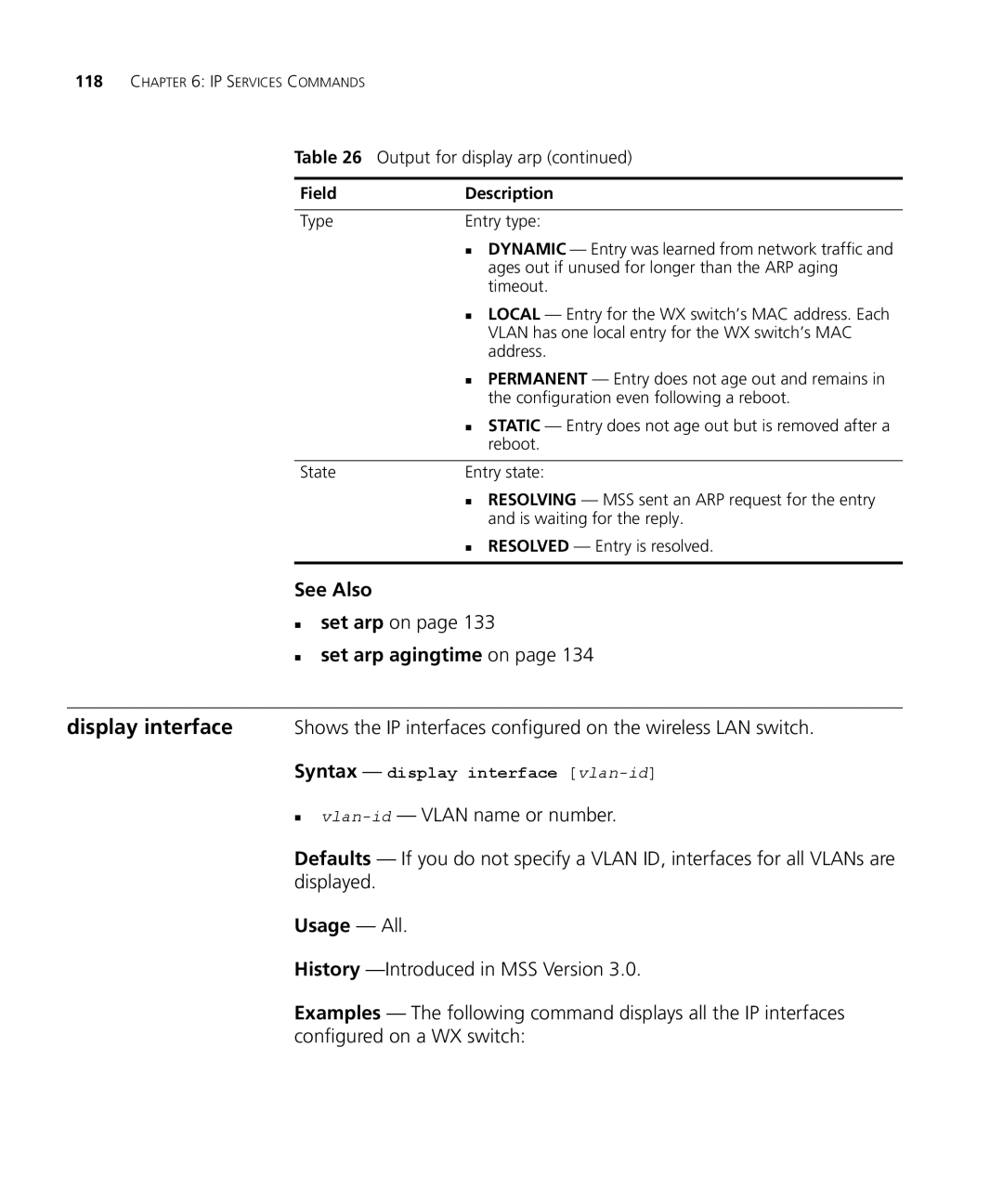 3Com 3CRWX440095A, 3CRWX120695A manual „ set arp on, „ set arp agingtime on, Syntax display interface vlan-id 