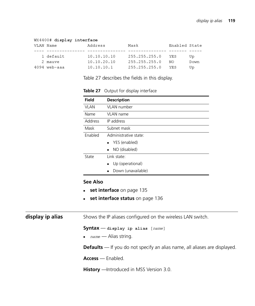 3Com 3CRWX120695A Display ip alias, See Also „ set interface on „ set interface status on, Output for display interface 