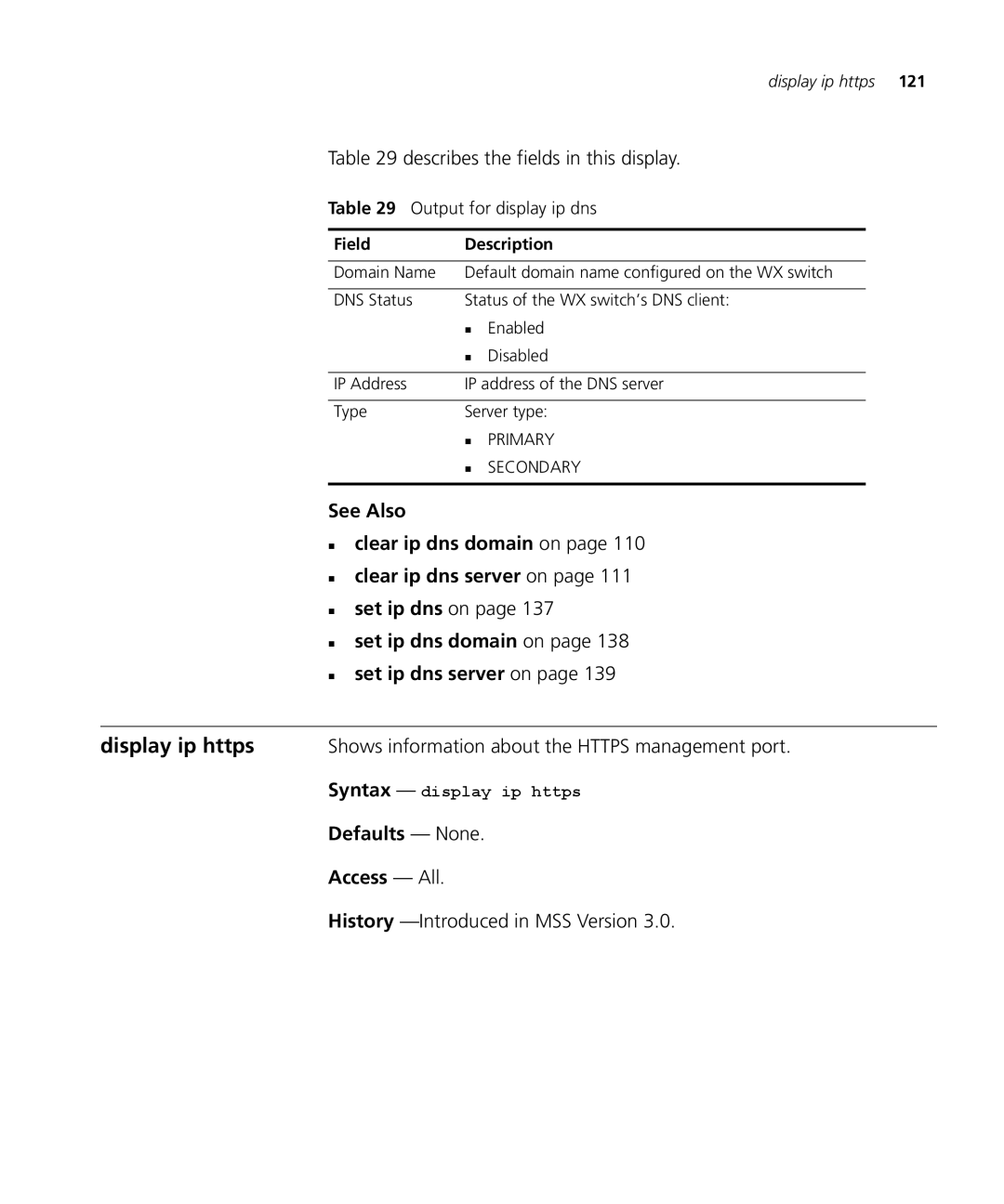 3Com 3CRWX120695A manual Display ip https, Shows information about the Https management port, Output for display ip dns 