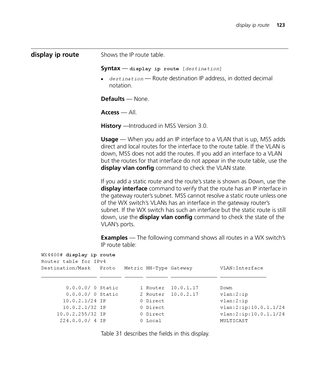 3Com 3CRWX120695A, 3CRWX440095A manual Display ip route, Shows the IP route table, Syntax display ip route destination 