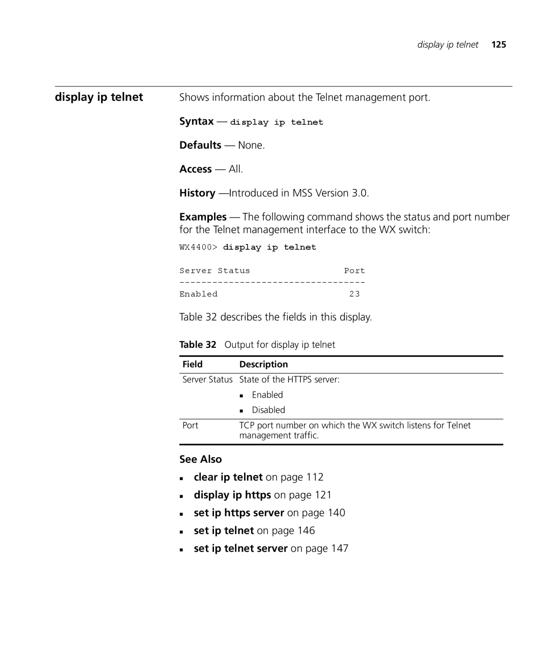 3Com 3CRWX120695A, 3CRWX440095A manual Output for display ip telnet, Syntax display ip telnet, WX4400 display ip telnet 
