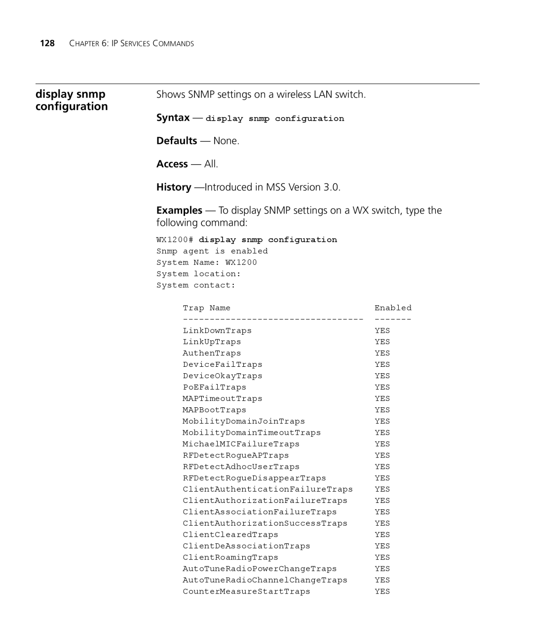 3Com 3CRWX440095A, 3CRWX120695A manual Display snmp, Configuration, Shows Snmp settings on a wireless LAN switch 