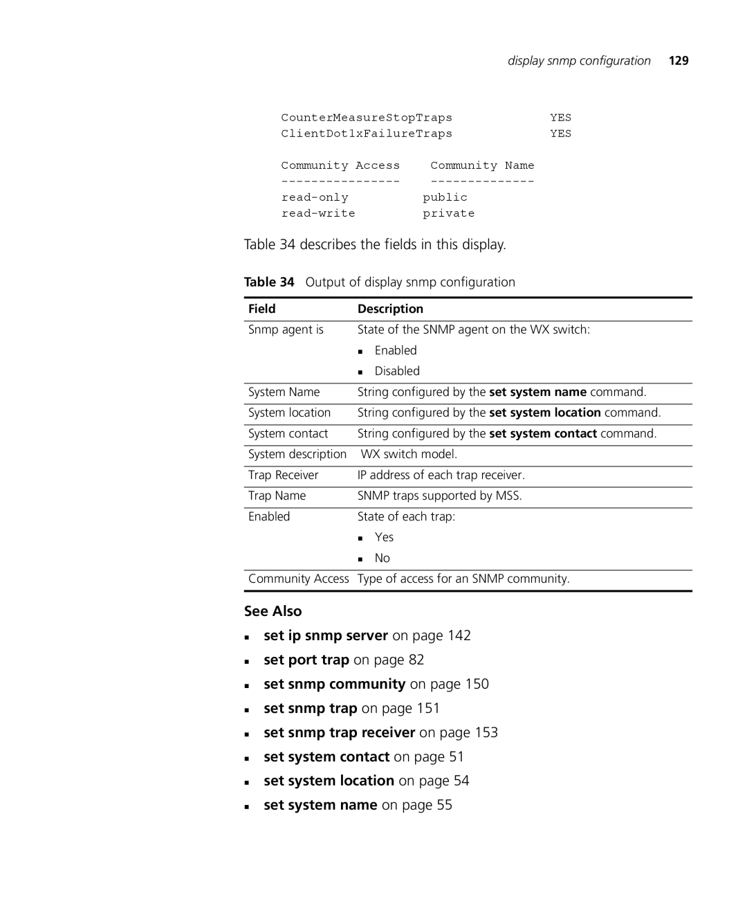 3Com 3CRWX120695A, 3CRWX440095A manual Describes the fields in this display, Output of display snmp configuration 