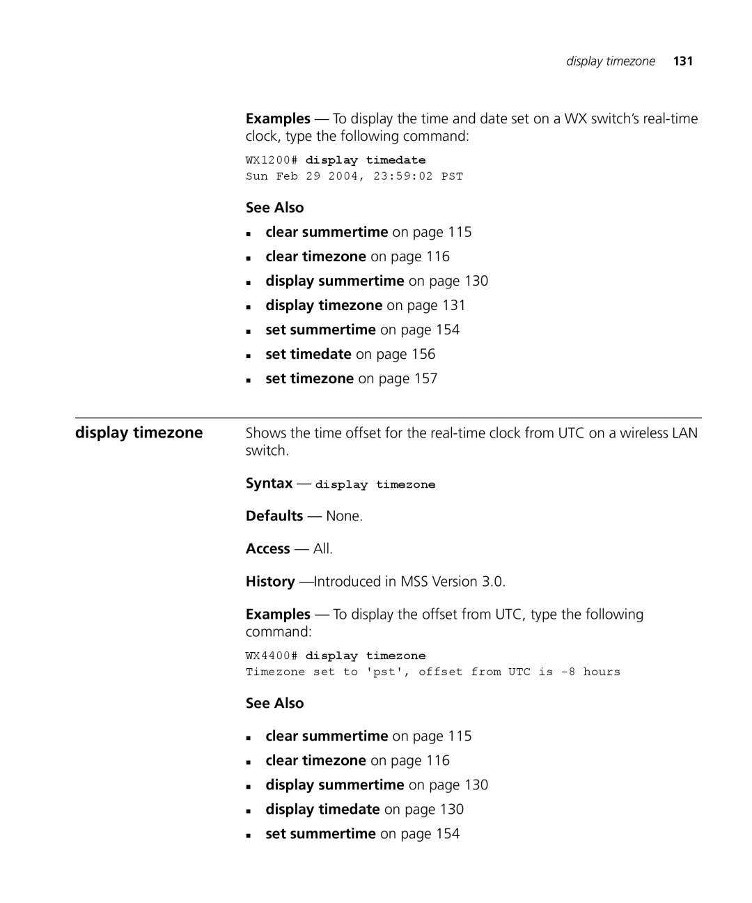 3Com 3CRWX120695A, 3CRWX440095A manual WX1200# display timedate, Syntax display timezone, WX4400# display timezone 