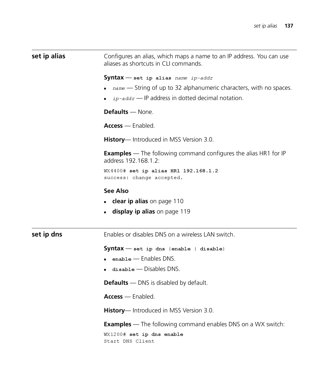 3Com 3CRWX120695A, 3CRWX440095A manual Set ip alias, Set ip dns, Aliases as shortcuts in CLI commands 