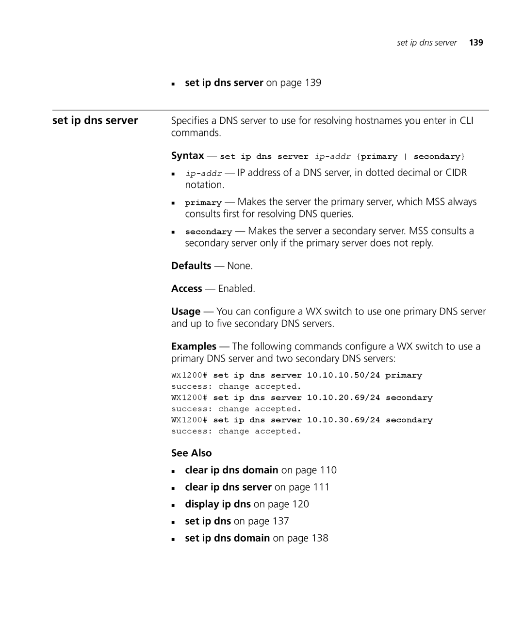 3Com 3CRWX120695A, 3CRWX440095A manual Syntax set ip dns server ip-addrprimary secondary 