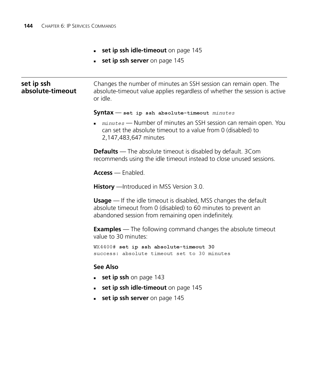 3Com 3CRWX440095A, 3CRWX120695A manual Absolute-timeout, „ set ip ssh idle-timeouton „ set ip ssh server on, Or idle 