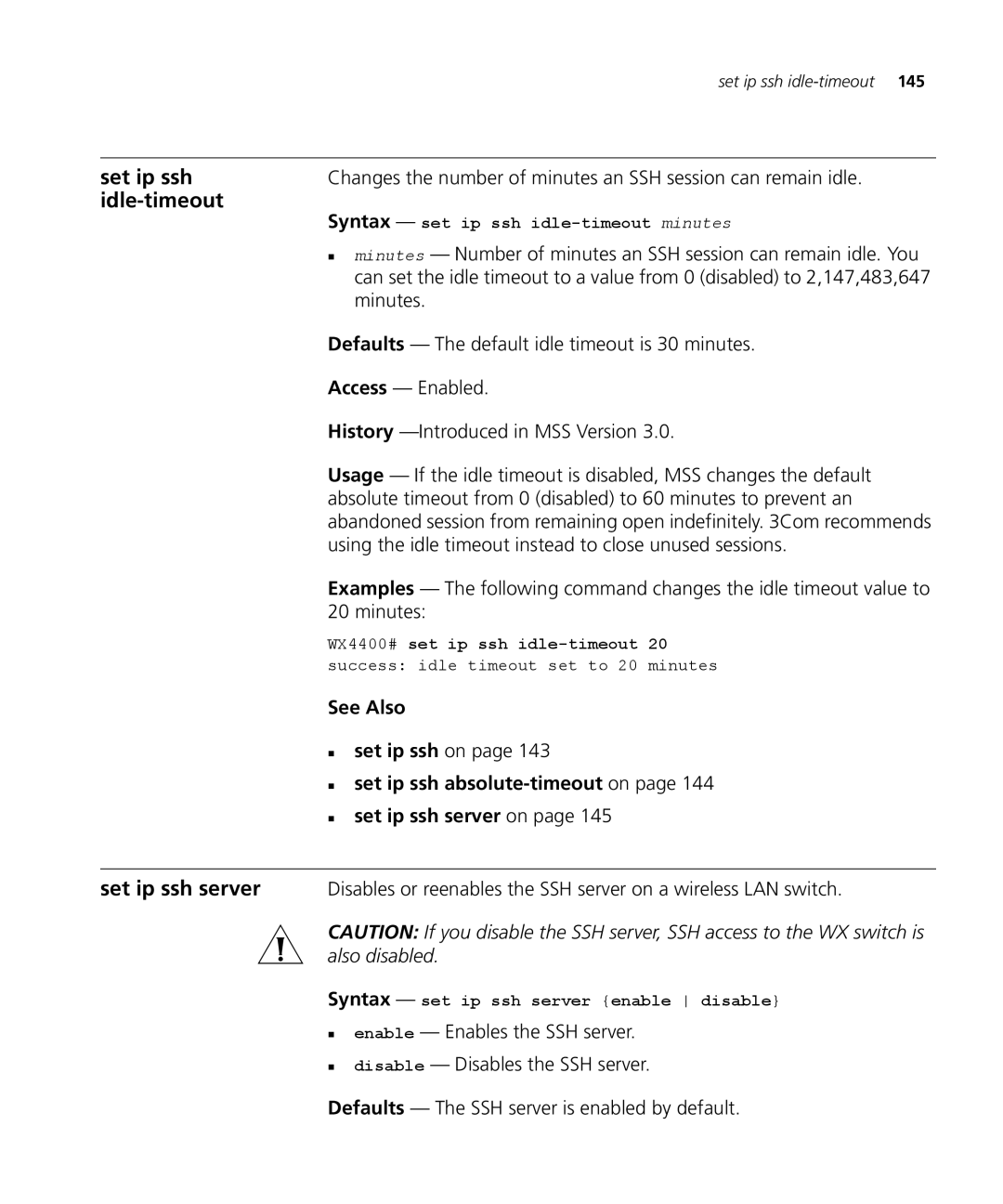 3Com 3CRWX120695A, 3CRWX440095A manual Idle-timeout, Set ip ssh server, Also disabled 