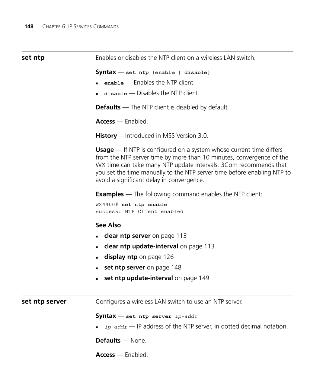 3Com 3CRWX440095A, 3CRWX120695A manual Set ntp server, Examples The following command enables the NTP client 