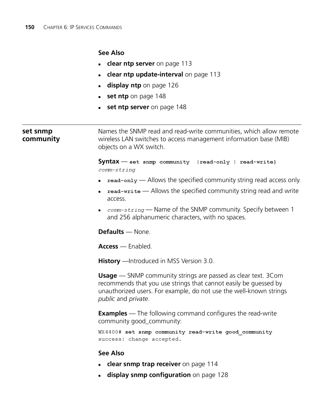 3Com 3CRWX440095A, 3CRWX120695A manual Set snmp, Community, Public and private 