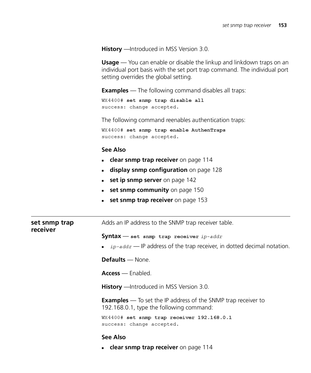 3Com 3CRWX120695A, 3CRWX440095A manual Set snmp trap, See Also „ clear snmp trap receiver on 