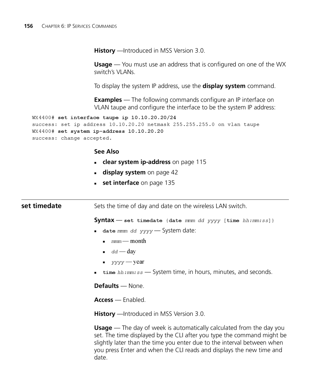 3Com 3CRWX440095A Set timedate, „ date mmm dd yyyy System date, „ time hhmmss System time, in hours, minutes, and seconds 