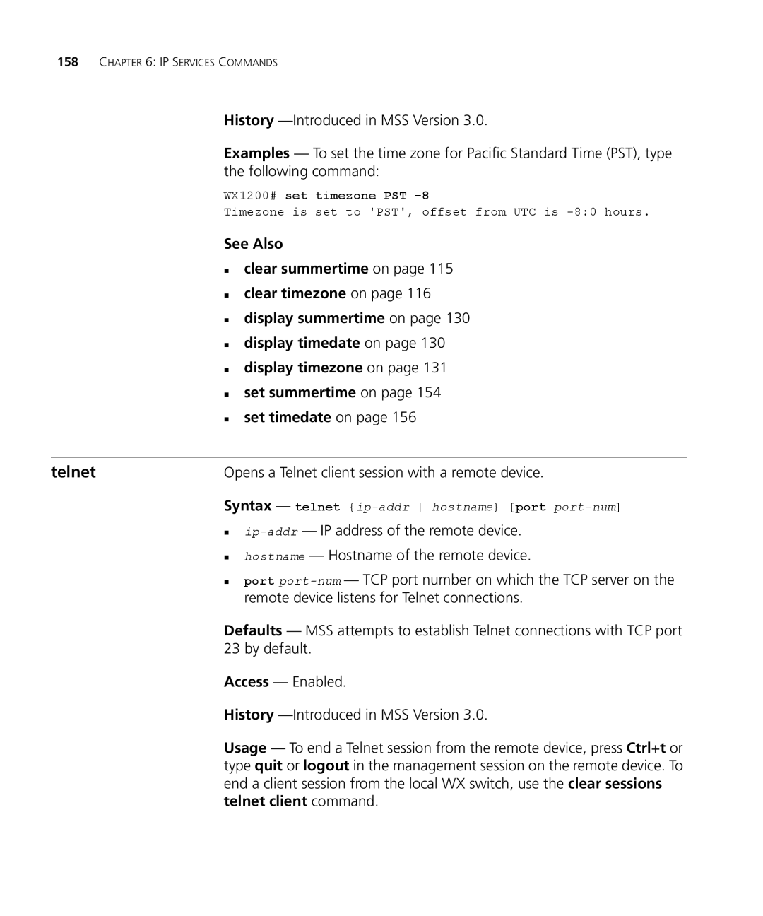 3Com 3CRWX440095A, 3CRWX120695A manual Opens a Telnet client session with a remote device, WX1200# set timezone PST 