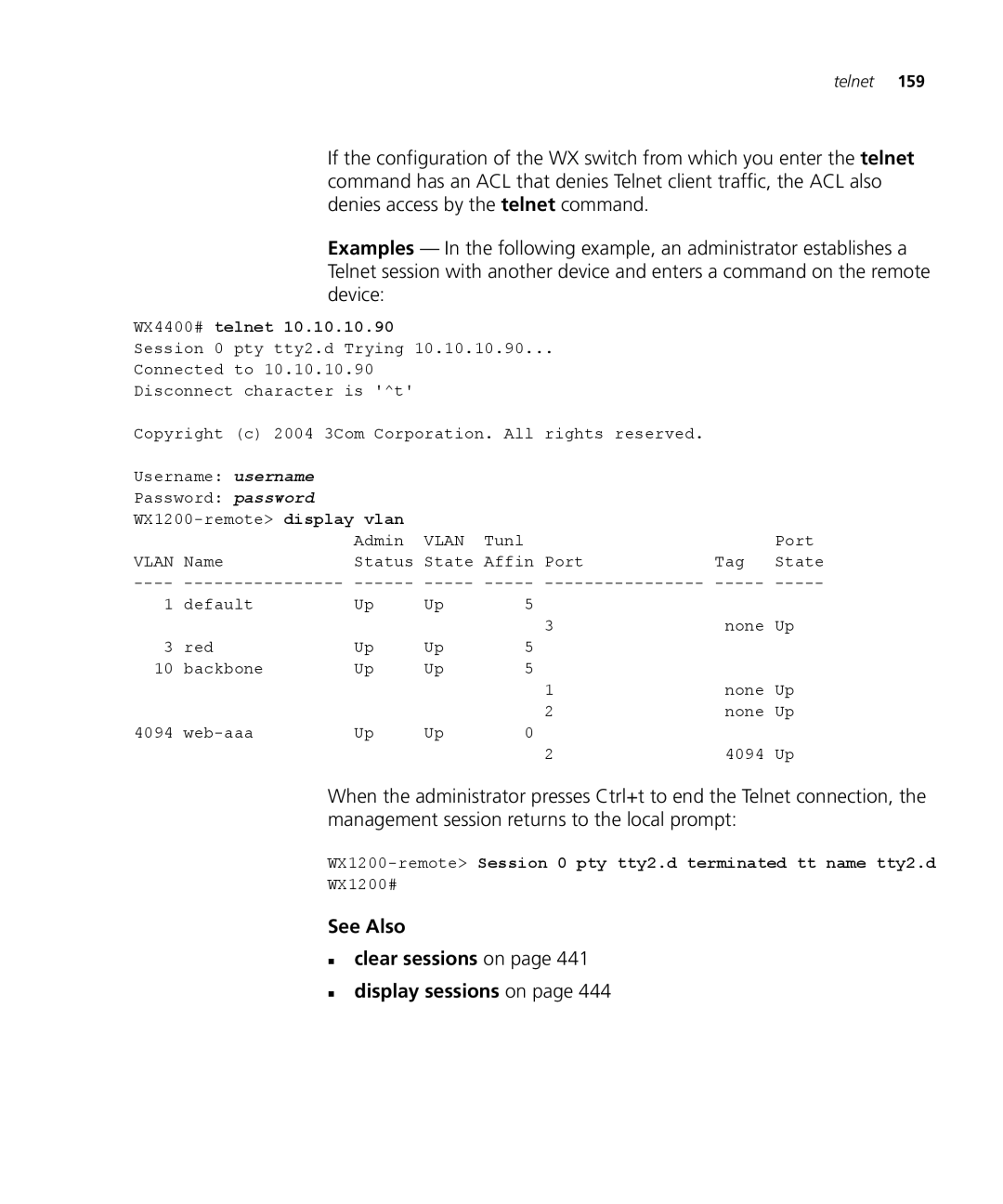 3Com 3CRWX120695A, 3CRWX440095A manual See Also „ clear sessions on „ display sessions on, WX4400# telnet 