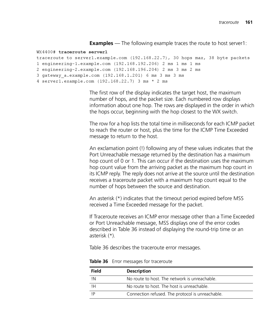 3Com 3CRWX120695A, 3CRWX440095A manual Error messages for traceroute, WX4400# traceroute server1 