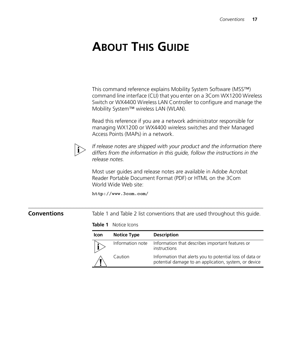 3Com 3CRWX120695A, 3CRWX440095A manual Conventions, List conventions that are used throughout this guide 